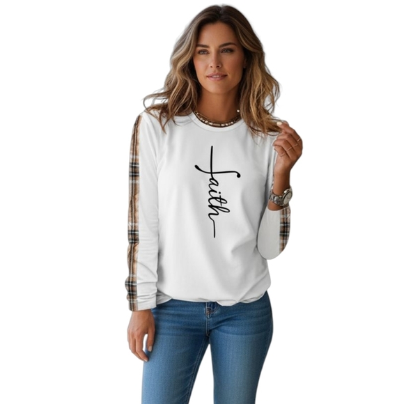 NWT Faith Long Sleeve Scoop Neck Top in White/Plaid - Picture 5 of 5